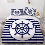 Parure de lit sur le th��me nautique de l'oc��an de mer, bateau, ancre, roue, boussole, lampe phare, ...