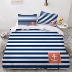 Parure de lit sur le th��me nautique de l'oc��an de mer, bateau, ancre, roue, boussole, lampe, phare, ...