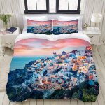 Parure de lit, vue impressionnante en soir��e sur l'?le de santorin, housse de couette x + taies d'oreillers ...