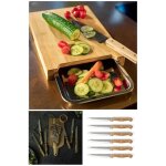 Planche a d�couper en bois d'acacia - bac r�cup�rateur inox - 6 couteaux a steak + bloc bois.