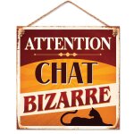 Plaque m�tallique attention chat 20 cm