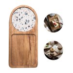 Plateau de nourriture en bois, rainure ronde oblong avec tapis de tasse en céramique, assiette a dessert, ... Plateau de nourriture en bois, rainure ronde oblong avec tapis de tasse en céramique, assiette a dessert, ...