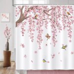 Polki - rideau de douche fleur de cerisier rose, rideau de baignoire fleurs oiseaux japonais sakura 183 ...