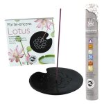 Porte - encens en pierre noire lotus + 14 b�tonnets d'encens ayurv�dique