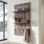 Portemanteau mural hwc - c89, 2 �tag�res + 4 crochets, 90x60cm brun shabby