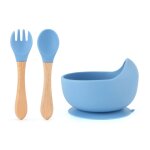 Poudre bleue - bol'alimentation en silicone pour bb, vaisselle en bois impermable et antidrapant, ...