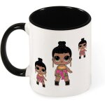 Poupee surprise mignonne drole grands yeux grandes boucles d'oreilles fille image couleur tasse a cafe, ...