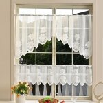 Rideaux de cuisine en dentelle de polyester blanc - 2 pi�ces, motifs floraux, demi - fen�tre