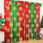 Rideau d�coratif brillant aucune marque rideau de no�l flocons de neige rouge et vert fibre m�tallis�e ...