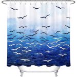 Rideau de douche bleu marine 180 x 180 cm, motif mouette, polyester impermable, crochets inclus, dcoration ...