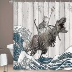Rideau de douche motif chat dinosaure amusant ¿ motif vagues japonaises, 183 x 183 cm, polyester durable ...