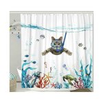 Rideau de douche motif chat plongeur vibrant ¿ bleu sarcelle, polyester impermable, lavable en machine, ...