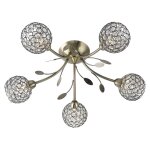 Searchlight bellis - plafonnier semi - affleurant a 5 bras, laiton et verre antiques, g9