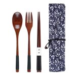 Service de table en bois de voyage, avec sac de rangement, cuill�re a dessert, fourchette, baguettes, ...