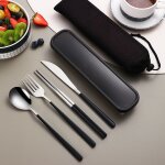 Service de table de voyage portable, vaisselle en acier inoxydable, avec bo�te, fourchette, cuill�re, ...