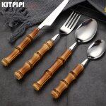 Service de vaisselle avec manche en bambou, couteaux a steak en acier, fourchette cuill�re couteau couverts ...