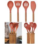 Set de 4 ustensiles avec pot en acacia certifi� fsc ¿ louche, ecumoire, spatule & spatule de service ...