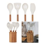 Set de 4 ustensiles avec pot en acacia certifi� fsc ¿ louche, ecumoire, spatule & spatule de service ...