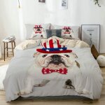 Sets de housse couette en microfibre, mignon chiot bouledogue anglais blanc dans le chapeau et le noeud ...