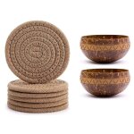 Sous - verres tresss 4. 3 pouces et 2 bols a boisson en noix de coco, en zigzag, sculpts a la main, ...