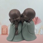 Statue figurine 2 bonze chuchote en r�sine vert & marron - h12 cm