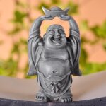 Statuette d�coration zen bouddha rieur en r�sine gris - h12 cm