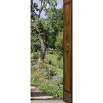 Sticker d�coratif pour porte, trompe l'oeil porte en bois ouverte sur un jardin fleuri, chemin de pav?, ...