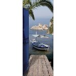 Sticker d�coratif pour porte, trompe l'oeil porte en fer bleu, vue sur la mer avec un ponton, b?teau ...