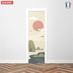 Sticker porte paysage asie minimaliste - 204 x 63 cm