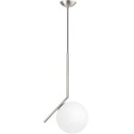 Suspension moderne globe verre opalin, finition m�tallique e27, c�ble r�glable 120cm, argent 20cm.