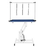 Table toilettage hydraulique - cadre acier blanc robuste & plateau antid�rapant bleu 106 x 61cm - hauteur ...