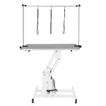 Table toilettage hydraulique - cadre acier blanc robuste & plateau antid�rapant gris 106 x 61cm - hauteur ...