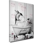 Tableau mural salle de bain pingouins dans la baignoire, impression gicl�e sur toile 40x60 cm, noir et ...