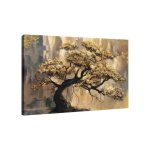 Tableau sur toile abstrait feuilles dor�es d�coration murale 90 x 60 cm cadre en bois massif dor� gris ...