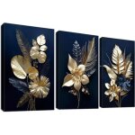 Tableau sur toile botanical fleurs vintage beige bleu cadre bois 150x70 cm, motif lotus, hd pr�t � accrocher ...