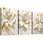 Tableau sur toile triptyque lys dor� moderne lot de 3 pi�ces 120x60cm, toile canvas hd, cadre bois, d�coration ...