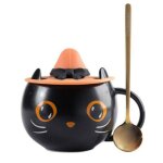 Tasse a caf� en c�ramique avec chapeau de sorci�re chat noir, cadeau d'halloween, unique, pour le bureau ...