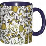 Tasse a cafe bouteilles d'huile d'olive aliments biologiques et branches de plantes imprime de griffonnage ...