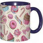 Tasse a cafe candy cane yummy lollipop candy macaron cupcake et donut sur motif a pois. impression creme ... Tasse a cafe candy cane yummy lollipop candy macaron cupcake et donut sur motif a pois. impression creme ...