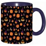 Tasse a cafe lanterne citrouille orange bougie allumee pour chapeau d'halloween imprime noir sur le theme ...