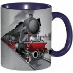 Tasse a cafe locomotive a vapeur rouge train noir sur voie ferree en acier graphique d'aventure de voyage. ...