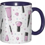 Tasse a cafe motif bleu et feminin avec fournitures de maquillage pinceau rouge a levres. imprime charbon ...