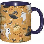 Tasse a cafe motif fantome avec citrouille fantome et chapeau de sorcier sur fond orange patine. impression ...