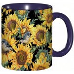Tasse a cafe peinture a l'huile d'oiseaux floraux botaniques de tournesol. impression jaune noir vert ...