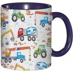 Tasse a cafe vehicule de construction dessin anime camion tracteur betonniere grue bleu jaune imprime ...