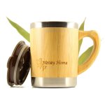 Tasse, chope 350 ml bambou et inox anse en bois camping, voyage, travail couvercle pour boire