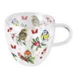 Tasse a th� en verre double paroi  oiseaux et baies hivernales