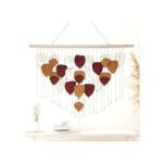 Tenture murale macram� boh�me feuilles tiss�e main coton franges perles en bois bordeaux brun 66 x 40 ...
