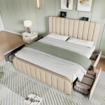 T�te de lit double avec bandes dor�es et chargeur usb model - c 160 * 200 cm, lin beige, avec 4 tiroirs ...