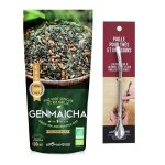 Thé vert bio et riz complet genmaicha 100 g + paille inox avec filtre Thé vert bio et riz complet genmaicha 100 g + paille inox avec filtre